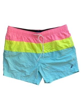 Nautica Swim Trunks Men's XXL Pink Yellow Blue Stripe Lined Beach Shorts
